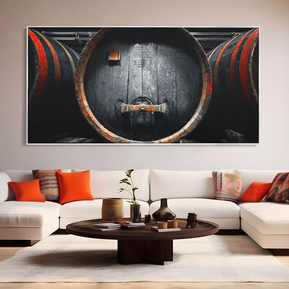 Tablou Canvas Premium, LuxCanva® N1084, Povestea Cramei, Butoi, Lemn, Vin, Bautura, Traditie, Rustic, Aroma, Secrete, Mister, Pivnita, Esenta, Pub, Bar, Restaurant, Bucatarie