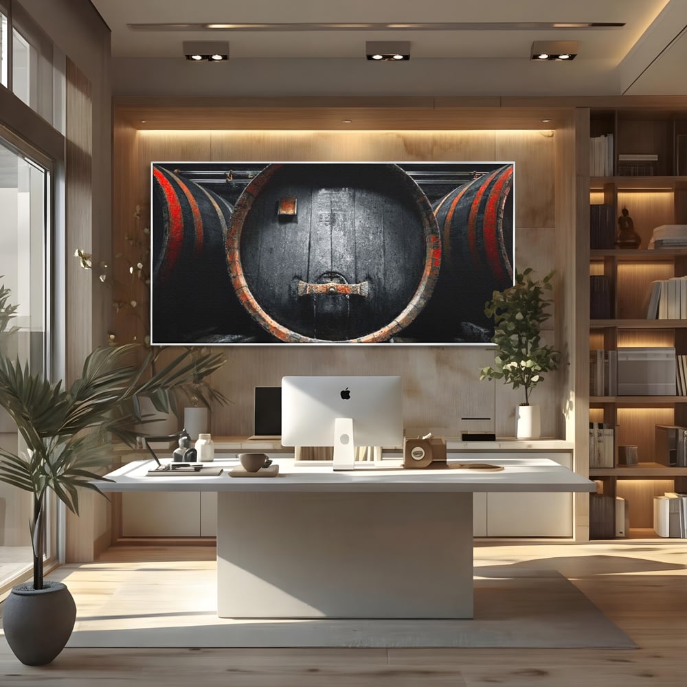Tablou Canvas Premium, LuxCanva® N1084, Povestea Cramei, Butoi, Lemn, Vin, Bautura, Traditie, Rustic, Aroma, Secrete, Mister, Pivnita, Esenta, Pub, Bar, Restaurant, Bucatarie