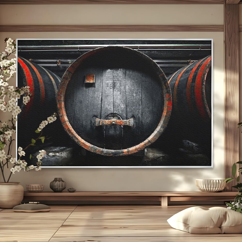 Tablou Canvas Premium, LuxCanva® N1084, Povestea Cramei, Butoi, Lemn, Vin, Bautura, Traditie, Rustic, Aroma, Secrete, Mister, Pivnita, Esenta, Pub, Bar, Restaurant, Bucatarie