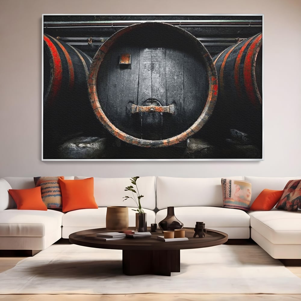 Tablou Canvas Premium, LuxCanva® N1084, Povestea Cramei, Butoi, Lemn, Vin, Bautura, Traditie, Rustic, Aroma, Secrete, Mister, Pivnita, Esenta, Pub, Bar, Restaurant, Bucatarie