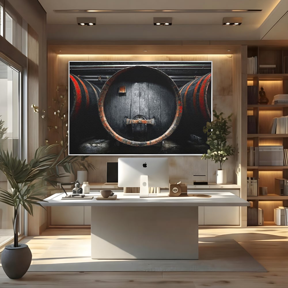 Tablou Canvas Premium, LuxCanva® N1084, Povestea Cramei, Butoi, Lemn, Vin, Bautura, Traditie, Rustic, Aroma, Secrete, Mister, Pivnita, Esenta, Pub, Bar, Restaurant, Bucatarie