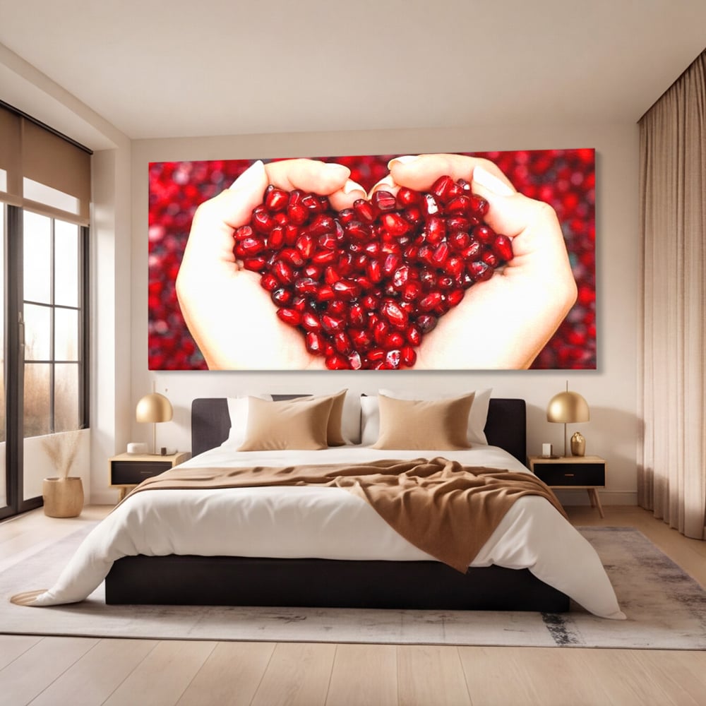 Tablou Canvas Premium, LuxCanva® N1085, Fructul Iubirii, Butoi, Lemn, Rodie, Fructe, Inima, Rosu, Iubire, Pasiune, Seminte, Natural, Energie, Restaurant, Bucatarie