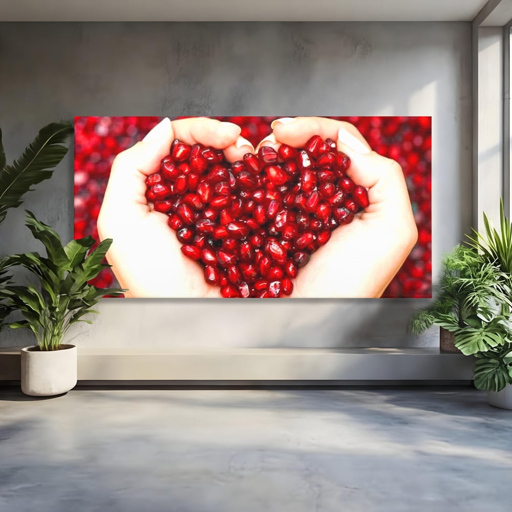 Tablou Canvas Premium, LuxCanva® N1085, Fructul Iubirii, Butoi, Lemn, Rodie, Fructe, Inima, Rosu, Iubire, Pasiune, Seminte, Natural, Energie, Restaurant, Bucatarie
