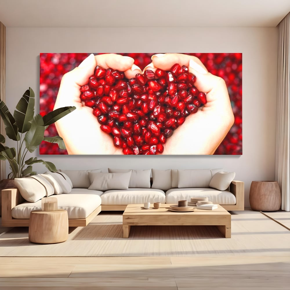 Tablou Canvas Premium, LuxCanva® N1085, Fructul Iubirii, Butoi, Lemn, Rodie, Fructe, Inima, Rosu, Iubire, Pasiune, Seminte, Natural, Energie, Restaurant, Bucatarie