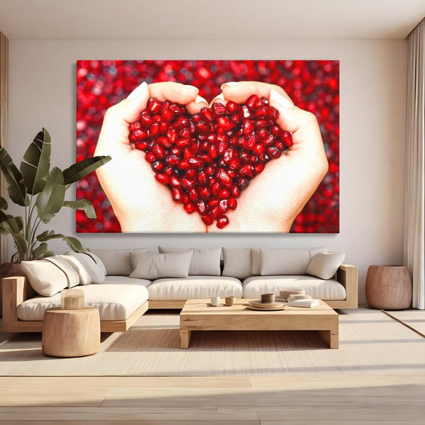 Tablou Canvas Premium, LuxCanva® N1085, Fructul Iubirii, Butoi, Lemn, Rodie, Fructe, Inima, Rosu, Iubire, Pasiune, Seminte, Natural, Energie, Restaurant, Bucatarie