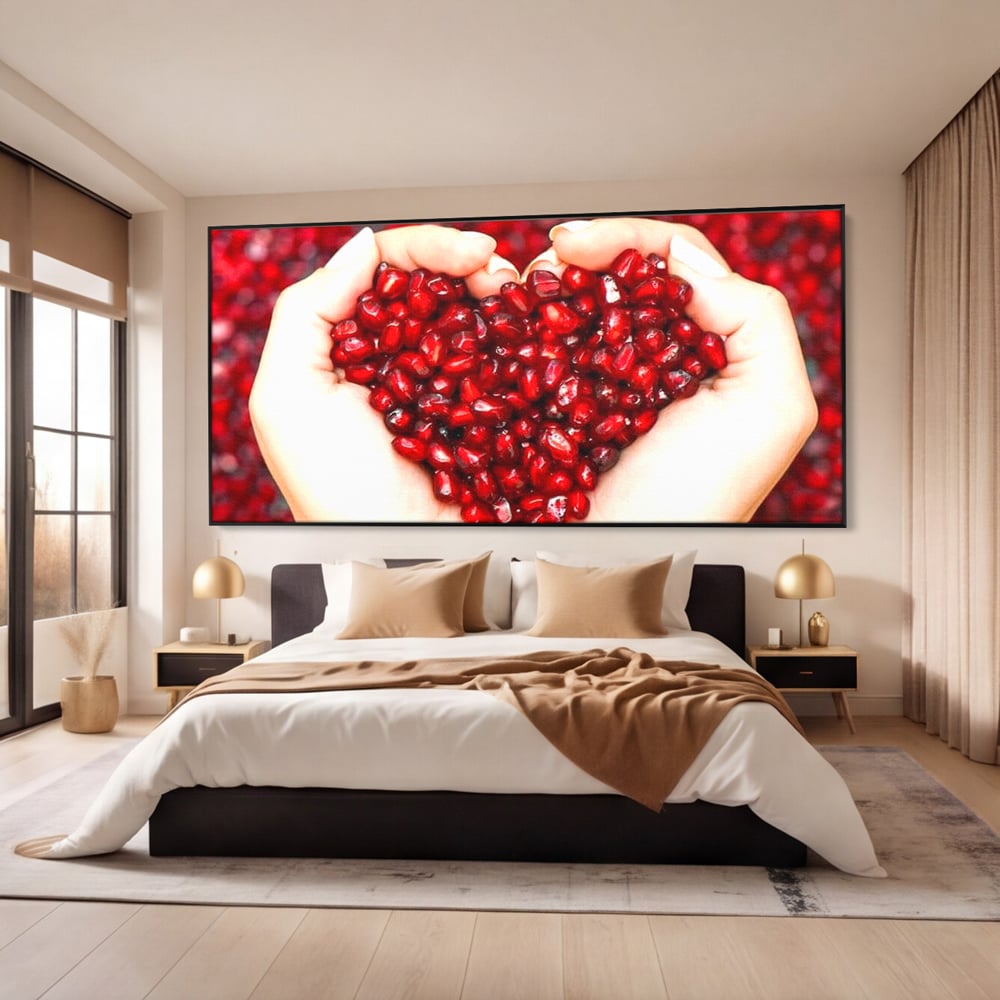 Tablou Canvas Premium, LuxCanva® N1085, Fructul Iubirii, Butoi, Lemn, Rodie, Fructe, Inima, Rosu, Iubire, Pasiune, Seminte, Natural, Energie, Restaurant, Bucatarie