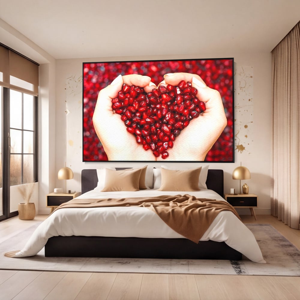 Tablou Canvas Premium, LuxCanva® N1085, Fructul Iubirii, Butoi, Lemn, Rodie, Fructe, Inima, Rosu, Iubire, Pasiune, Seminte, Natural, Energie, Restaurant, Bucatarie