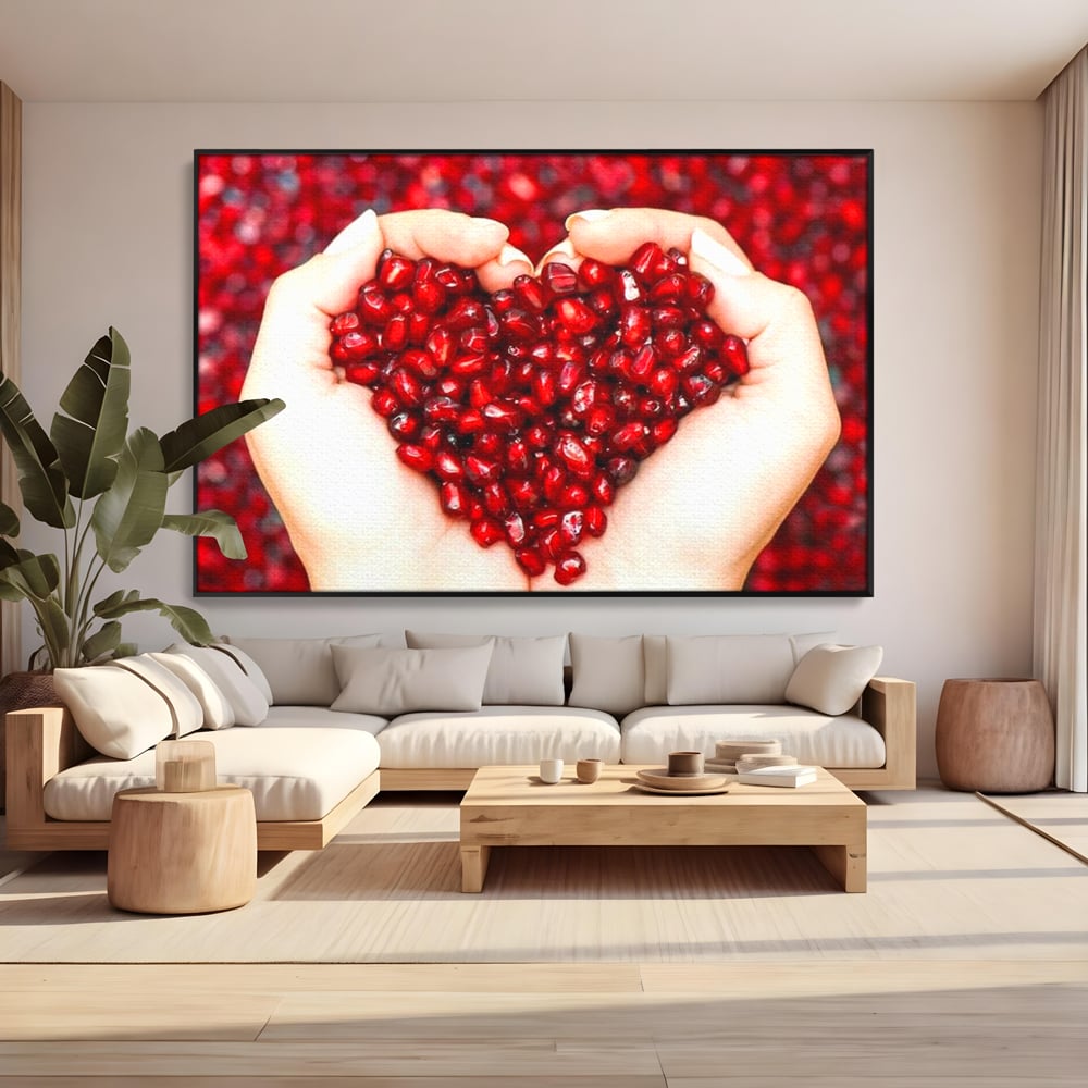 Tablou Canvas Premium, LuxCanva® N1085, Fructul Iubirii, Butoi, Lemn, Rodie, Fructe, Inima, Rosu, Iubire, Pasiune, Seminte, Natural, Energie, Restaurant, Bucatarie