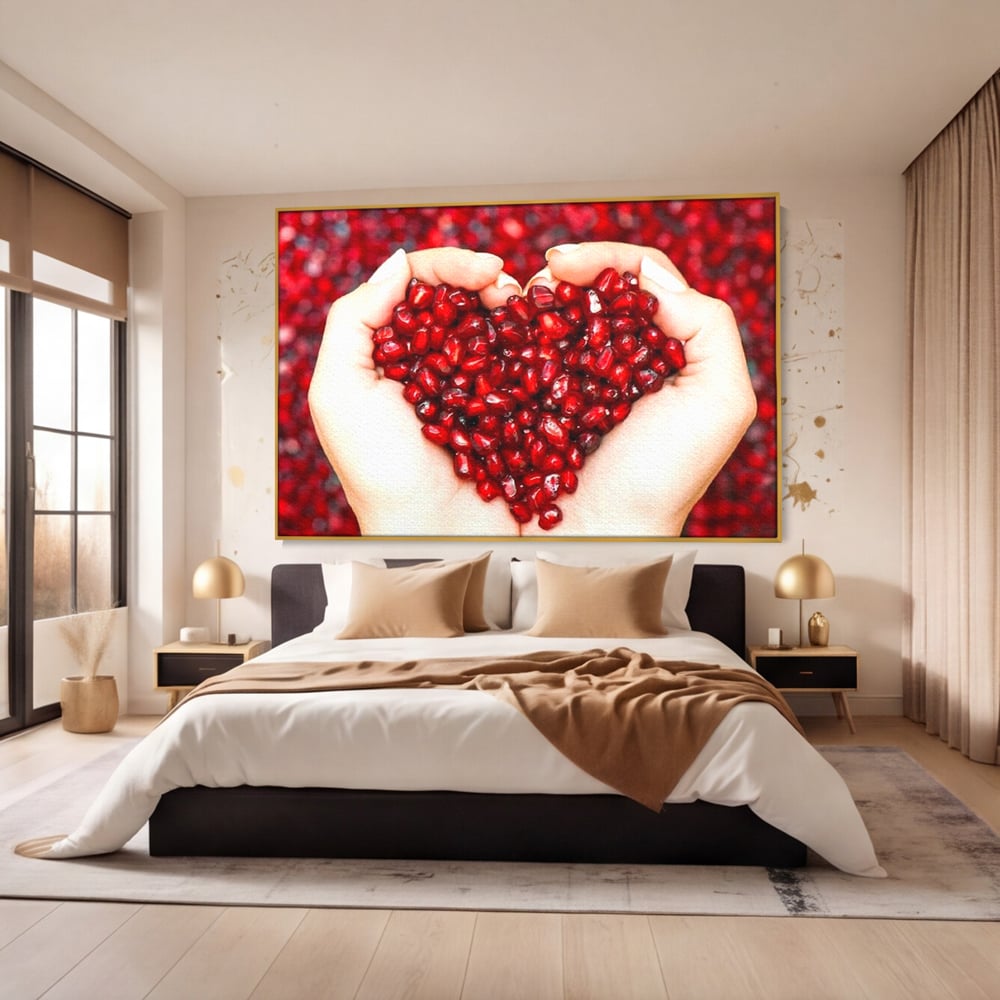 Tablou Canvas Premium, LuxCanva® N1085, Fructul Iubirii, Butoi, Lemn, Rodie, Fructe, Inima, Rosu, Iubire, Pasiune, Seminte, Natural, Energie, Restaurant, Bucatarie