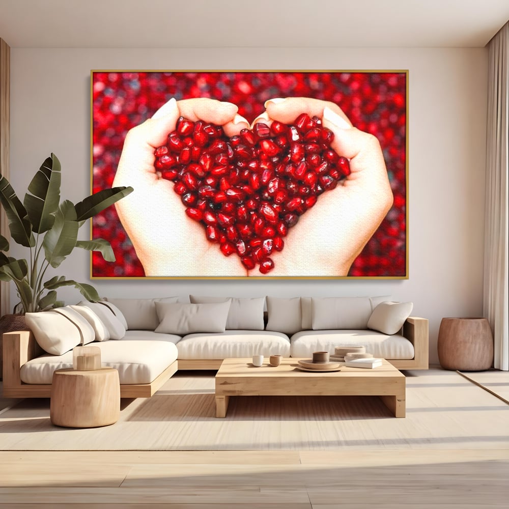 Tablou Canvas Premium, LuxCanva® N1085, Fructul Iubirii, Butoi, Lemn, Rodie, Fructe, Inima, Rosu, Iubire, Pasiune, Seminte, Natural, Energie, Restaurant, Bucatarie
