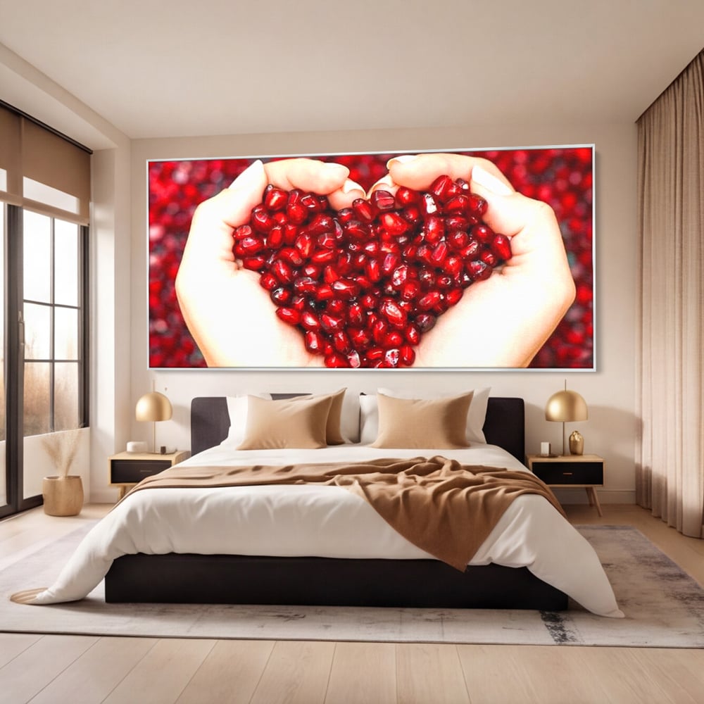 Tablou Canvas Premium, LuxCanva® N1085, Fructul Iubirii, Butoi, Lemn, Rodie, Fructe, Inima, Rosu, Iubire, Pasiune, Seminte, Natural, Energie, Restaurant, Bucatarie