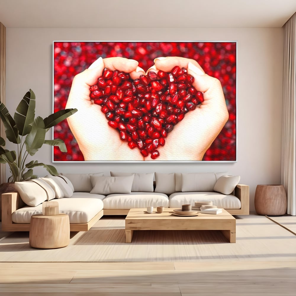 Tablou Canvas Premium, LuxCanva® N1085, Fructul Iubirii, Butoi, Lemn, Rodie, Fructe, Inima, Rosu, Iubire, Pasiune, Seminte, Natural, Energie, Restaurant, Bucatarie