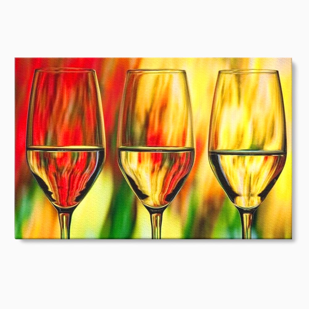 Tablou Canvas Premium, LuxCanva® N1086, Petrecere in Trei, Pahare, Vin, Party, Culori Vibrante, Pictura, Arta Abstracta, Simetrie, Energie, Bautura, Pub, Bar, Lounge, Restaurant, Bucatarie