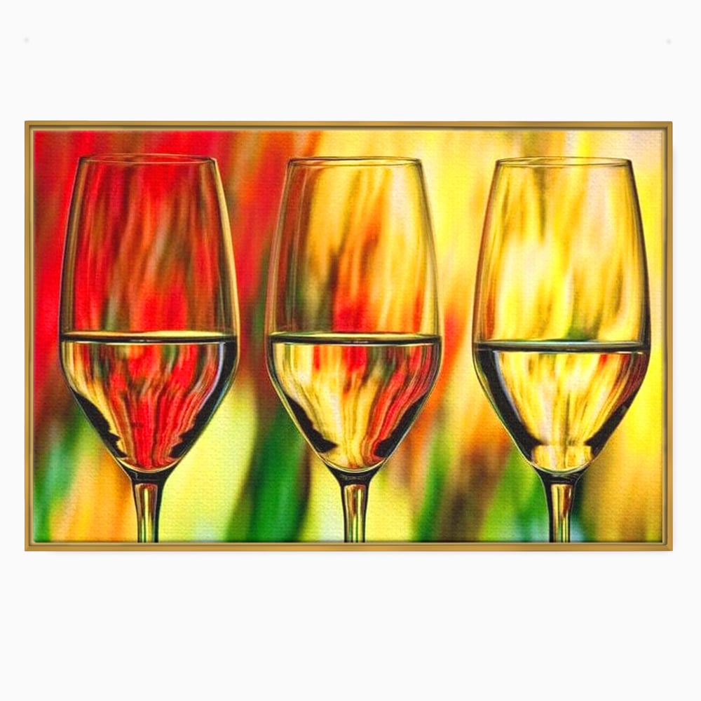Tablou Canvas Premium, LuxCanva® N1086, Petrecere in Trei, Pahare, Vin, Party, Culori Vibrante, Pictura, Arta Abstracta, Simetrie, Energie, Bautura, Pub, Bar, Lounge, Restaurant, Bucatarie