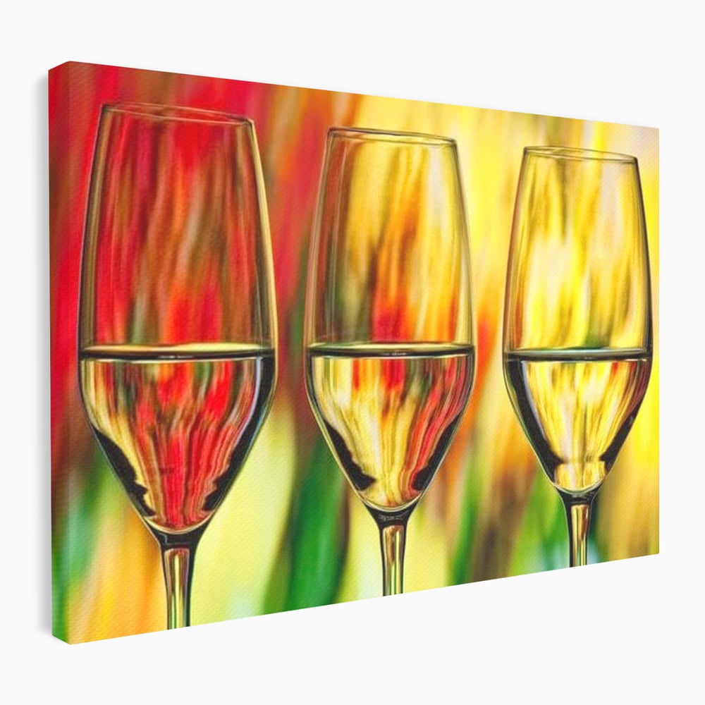 Tablou Canvas Premium, LuxCanva® N1086, Petrecere in Trei, Pahare, Vin, Party, Culori Vibrante, Pictura, Arta Abstracta, Simetrie, Energie, Bautura, Pub, Bar, Lounge, Restaurant, Bucatarie