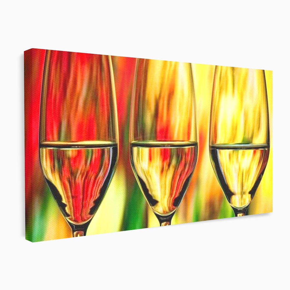 Tablou Canvas Premium, LuxCanva® N1086, Petrecere in Trei, Pahare, Vin, Party, Culori Vibrante, Pictura, Arta Abstracta, Simetrie, Energie, Bautura, Pub, Bar, Lounge, Restaurant, Bucatarie
