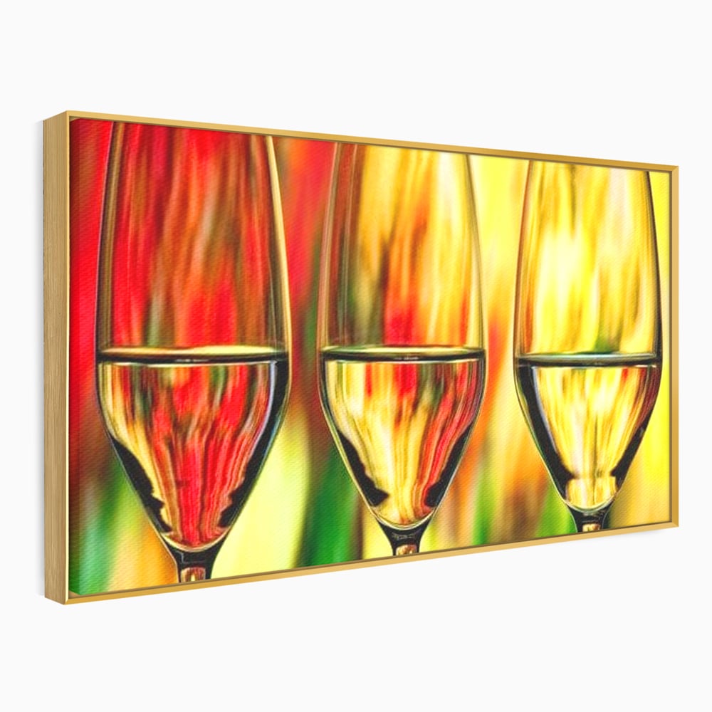 Tablou Canvas Premium, LuxCanva® N1086, Petrecere in Trei, Pahare, Vin, Party, Culori Vibrante, Pictura, Arta Abstracta, Simetrie, Energie, Bautura, Pub, Bar, Lounge, Restaurant, Bucatarie