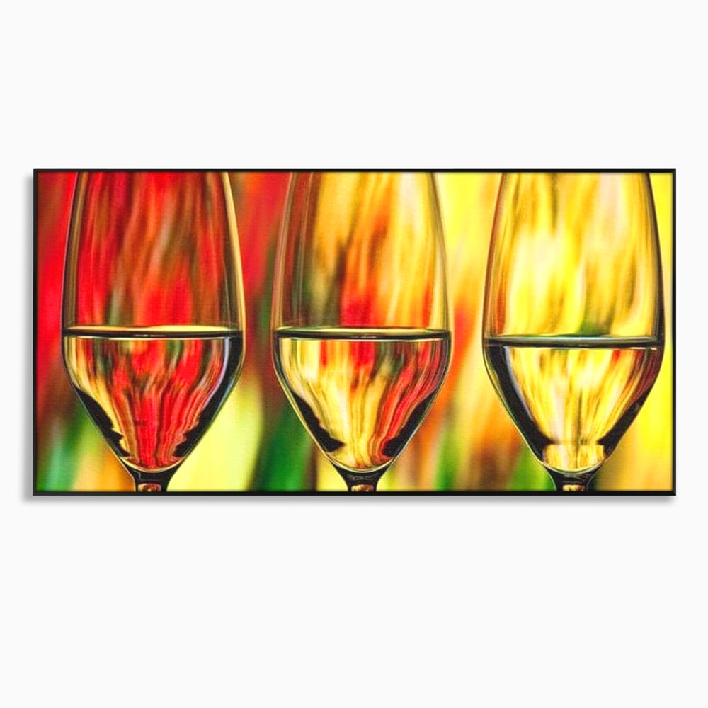 Tablou Canvas Premium, LuxCanva® N1086, Petrecere in Trei, Pahare, Vin, Party, Culori Vibrante, Pictura, Arta Abstracta, Simetrie, Energie, Bautura, Pub, Bar, Lounge, Restaurant, Bucatarie
