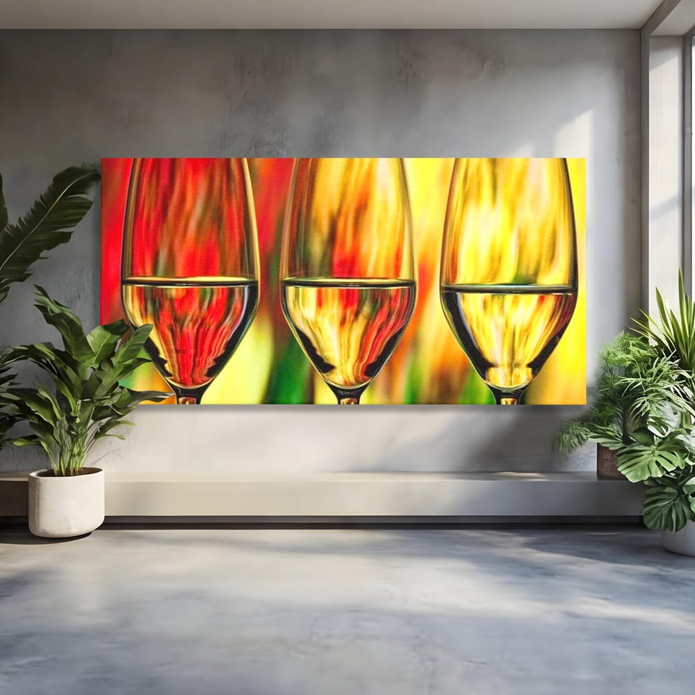 Tablou Canvas Premium, LuxCanva® N1086, Petrecere in Trei, Pahare, Vin, Party, Culori Vibrante, Pictura, Arta Abstracta, Simetrie, Energie, Bautura, Pub, Bar, Lounge, Restaurant, Bucatarie