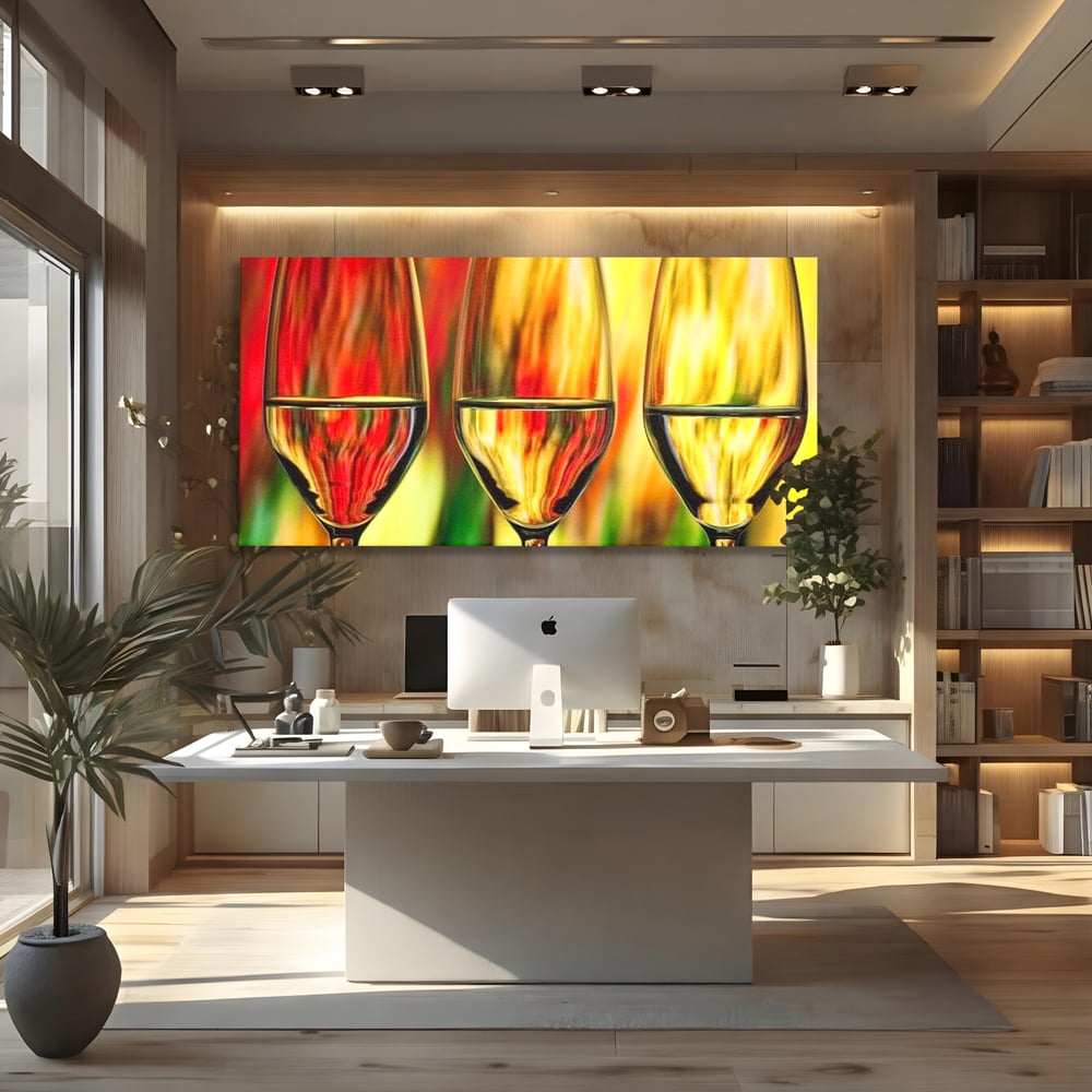 Tablou Canvas Premium, LuxCanva® N1086, Petrecere in Trei, Pahare, Vin, Party, Culori Vibrante, Pictura, Arta Abstracta, Simetrie, Energie, Bautura, Pub, Bar, Lounge, Restaurant, Bucatarie