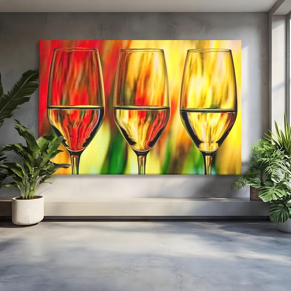 Tablou Canvas Premium, LuxCanva® N1086, Petrecere in Trei, Pahare, Vin, Party, Culori Vibrante, Pictura, Arta Abstracta, Simetrie, Energie, Bautura, Pub, Bar, Lounge, Restaurant, Bucatarie