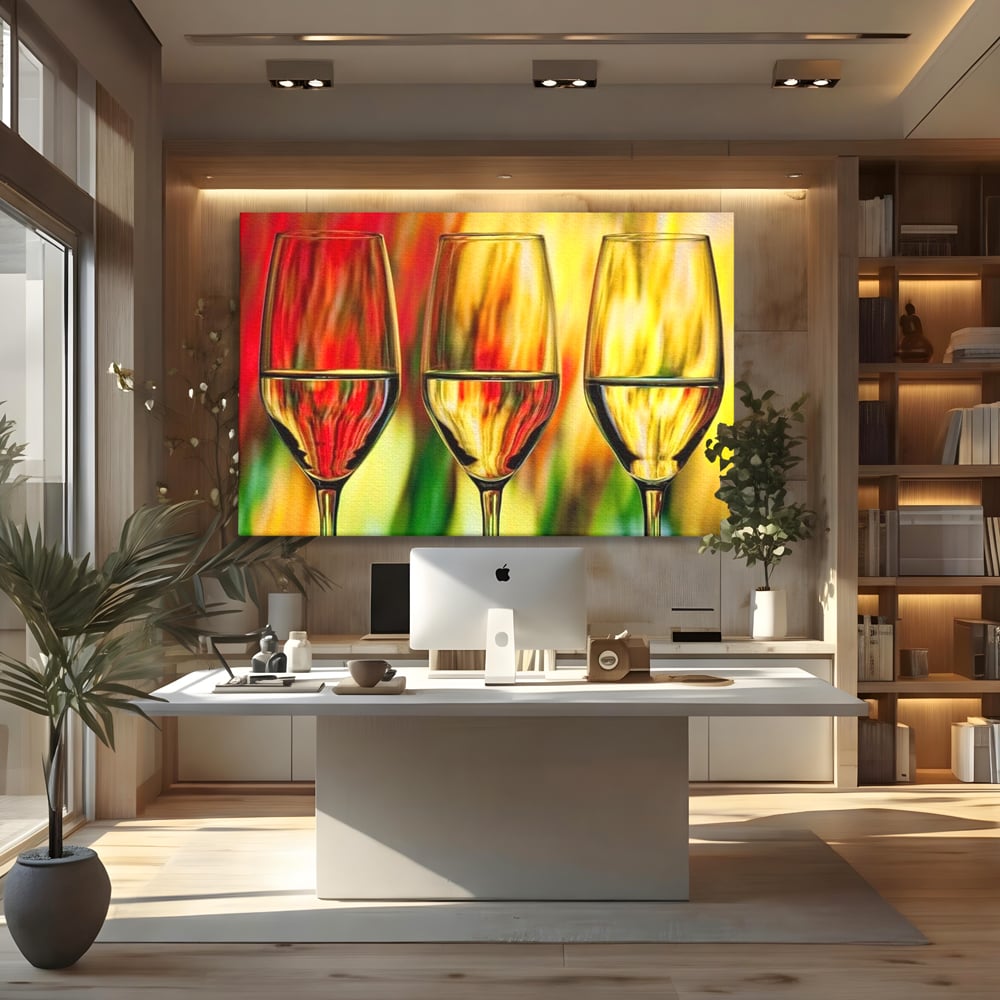 Tablou Canvas Premium, LuxCanva® N1086, Petrecere in Trei, Pahare, Vin, Party, Culori Vibrante, Pictura, Arta Abstracta, Simetrie, Energie, Bautura, Pub, Bar, Lounge, Restaurant, Bucatarie