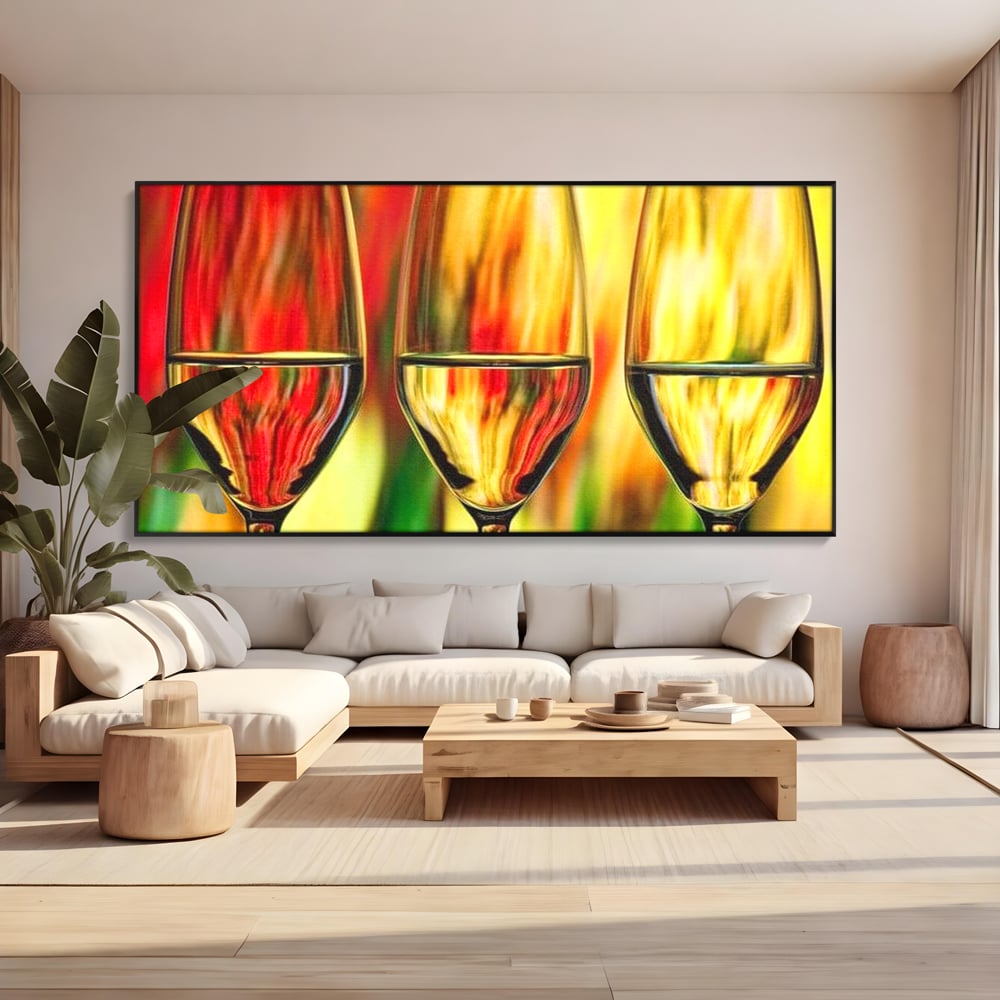 Tablou Canvas Premium, LuxCanva® N1086, Petrecere in Trei, Pahare, Vin, Party, Culori Vibrante, Pictura, Arta Abstracta, Simetrie, Energie, Bautura, Pub, Bar, Lounge, Restaurant, Bucatarie