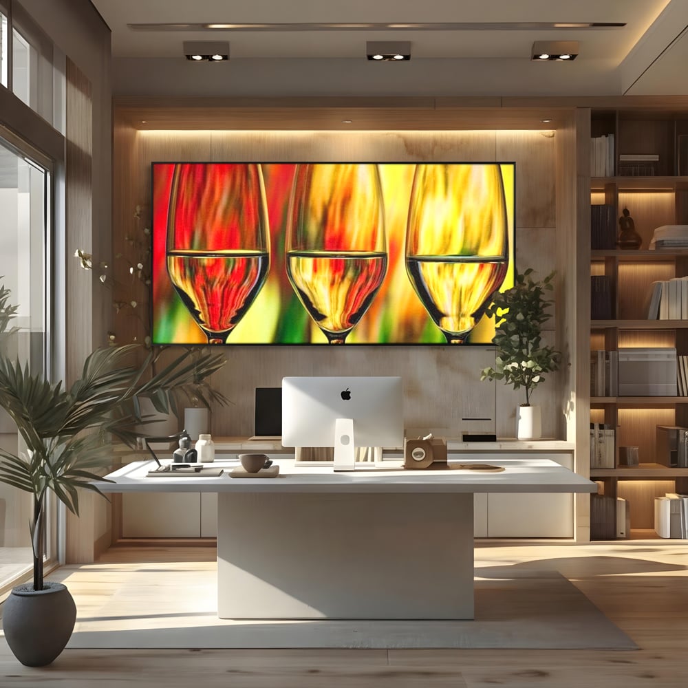 Tablou Canvas Premium, LuxCanva® N1086, Petrecere in Trei, Pahare, Vin, Party, Culori Vibrante, Pictura, Arta Abstracta, Simetrie, Energie, Bautura, Pub, Bar, Lounge, Restaurant, Bucatarie