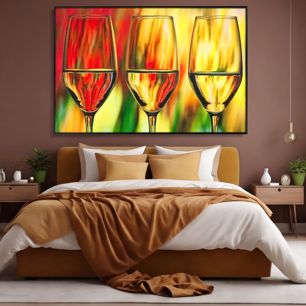 Tablou Canvas Premium, LuxCanva® N1086, Petrecere in Trei, Pahare, Vin, Party, Culori Vibrante, Pictura, Arta Abstracta, Simetrie, Energie, Bautura, Pub, Bar, Lounge, Restaurant, Bucatarie