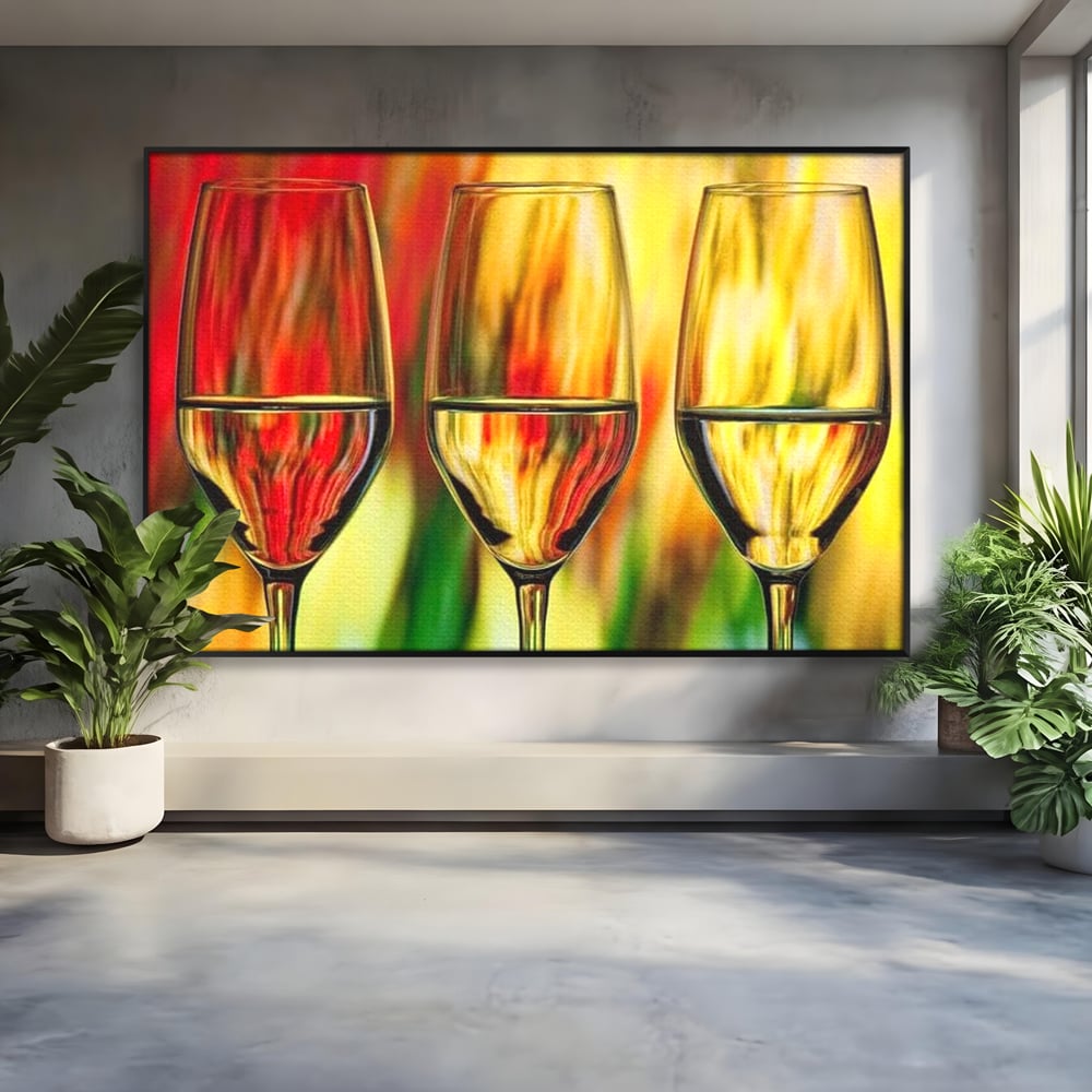 Tablou Canvas Premium, LuxCanva® N1086, Petrecere in Trei, Pahare, Vin, Party, Culori Vibrante, Pictura, Arta Abstracta, Simetrie, Energie, Bautura, Pub, Bar, Lounge, Restaurant, Bucatarie