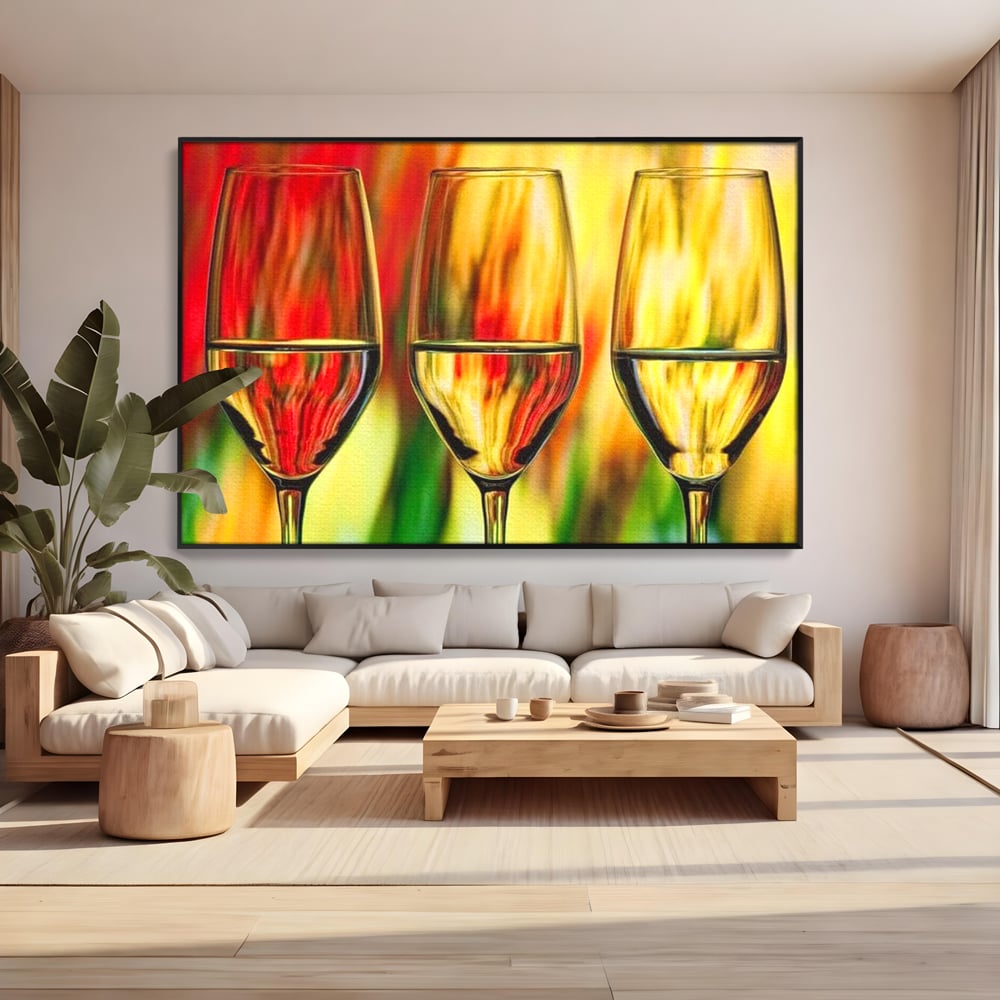 Tablou Canvas Premium, LuxCanva® N1086, Petrecere in Trei, Pahare, Vin, Party, Culori Vibrante, Pictura, Arta Abstracta, Simetrie, Energie, Bautura, Pub, Bar, Lounge, Restaurant, Bucatarie