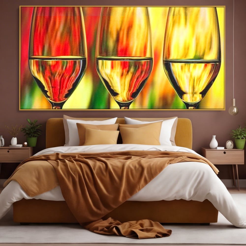 Tablou Canvas Premium, LuxCanva® N1086, Petrecere in Trei, Pahare, Vin, Party, Culori Vibrante, Pictura, Arta Abstracta, Simetrie, Energie, Bautura, Pub, Bar, Lounge, Restaurant, Bucatarie