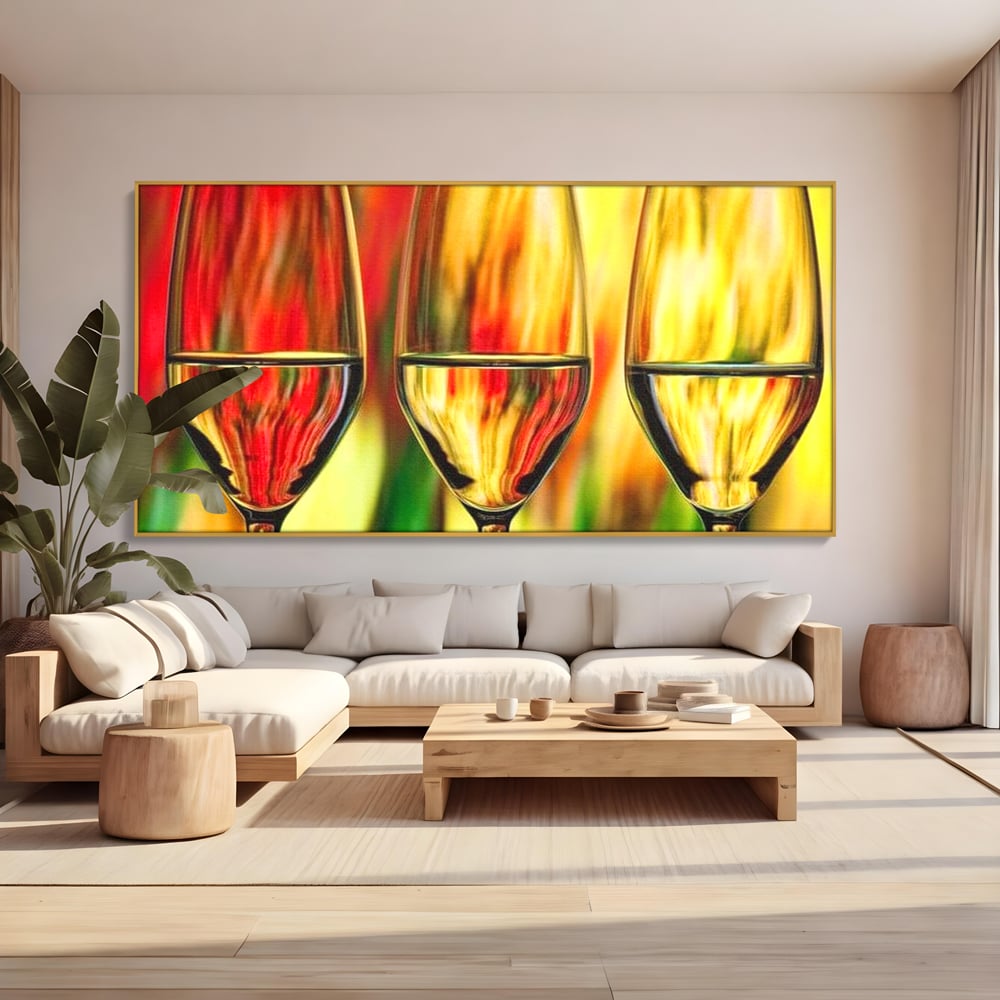 Tablou Canvas Premium, LuxCanva® N1086, Petrecere in Trei, Pahare, Vin, Party, Culori Vibrante, Pictura, Arta Abstracta, Simetrie, Energie, Bautura, Pub, Bar, Lounge, Restaurant, Bucatarie