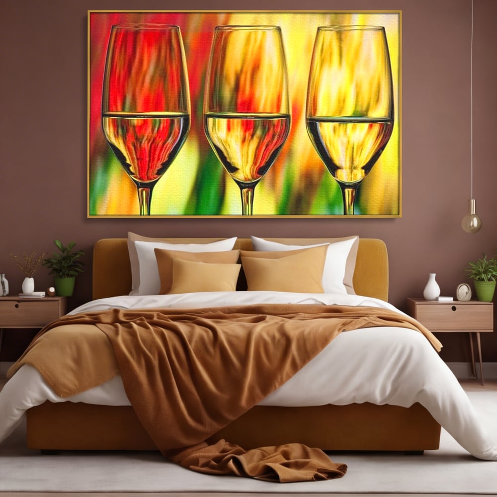 Tablou Canvas Premium, LuxCanva® N1086, Petrecere in Trei, Pahare, Vin, Party, Culori Vibrante, Pictura, Arta Abstracta, Simetrie, Energie, Bautura, Pub, Bar, Lounge, Restaurant, Bucatarie