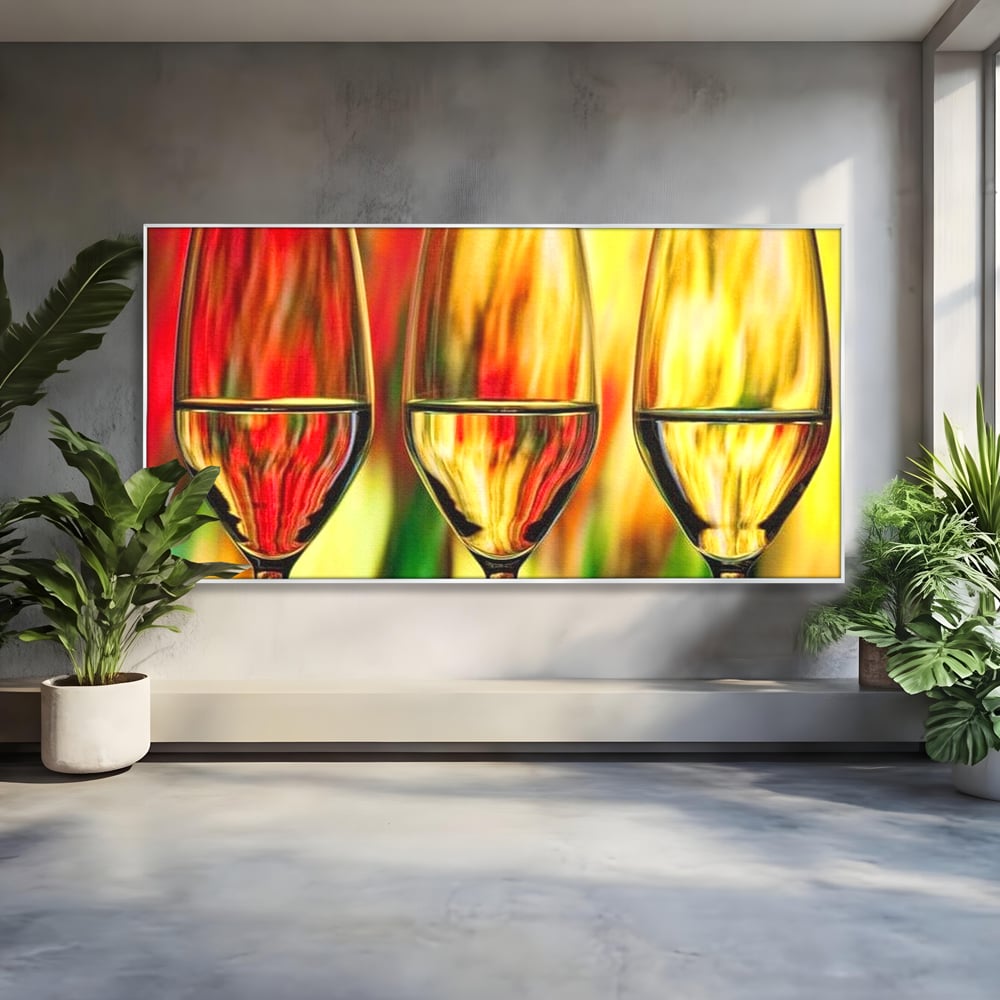 Tablou Canvas Premium, LuxCanva® N1086, Petrecere in Trei, Pahare, Vin, Party, Culori Vibrante, Pictura, Arta Abstracta, Simetrie, Energie, Bautura, Pub, Bar, Lounge, Restaurant, Bucatarie