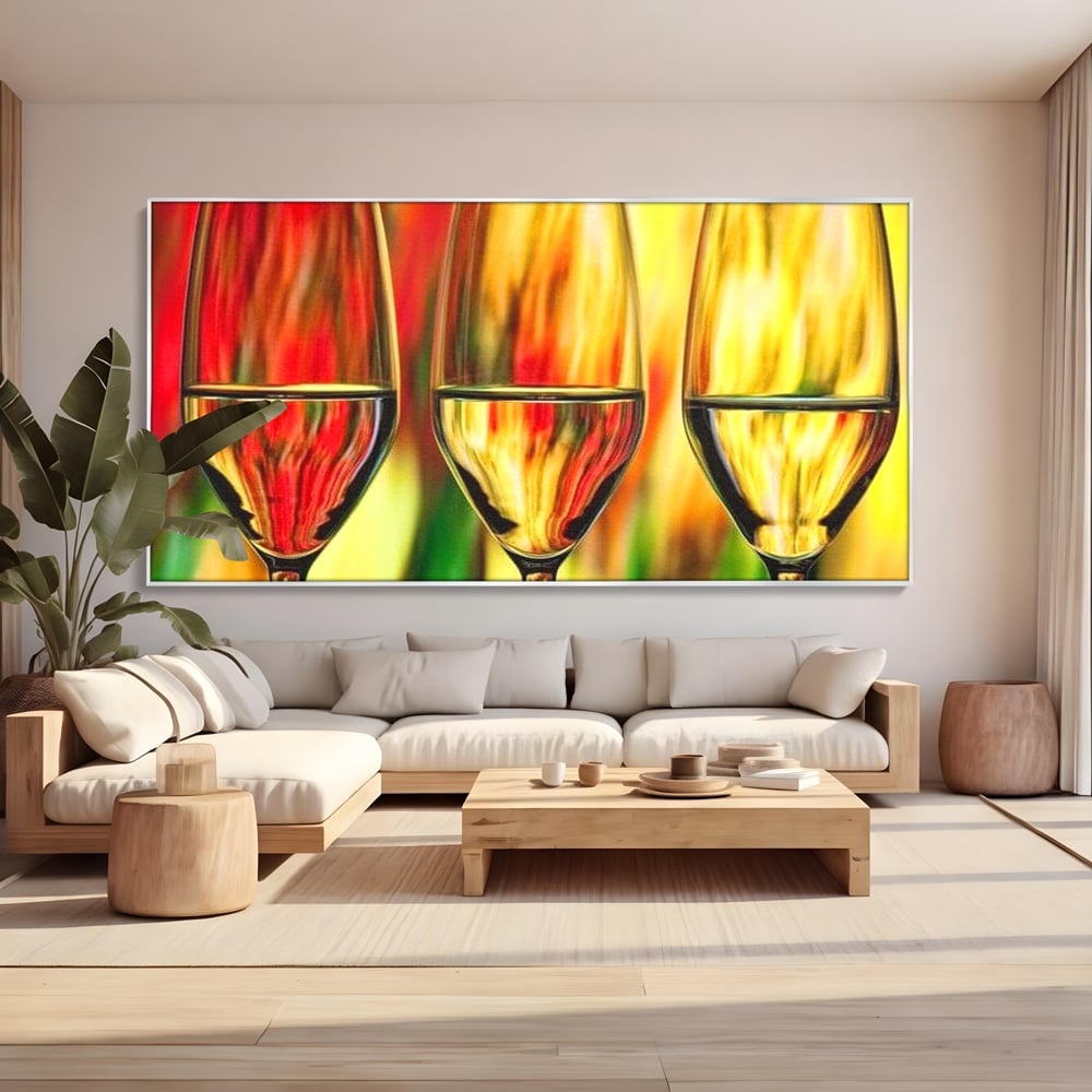 Tablou Canvas Premium, LuxCanva® N1086, Petrecere in Trei, Pahare, Vin, Party, Culori Vibrante, Pictura, Arta Abstracta, Simetrie, Energie, Bautura, Pub, Bar, Lounge, Restaurant, Bucatarie