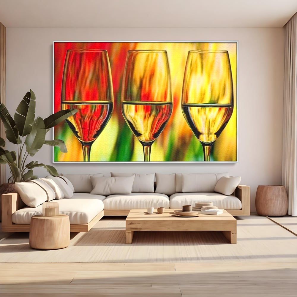Tablou Canvas Premium, LuxCanva® N1086, Petrecere in Trei, Pahare, Vin, Party, Culori Vibrante, Pictura, Arta Abstracta, Simetrie, Energie, Bautura, Pub, Bar, Lounge, Restaurant, Bucatarie
