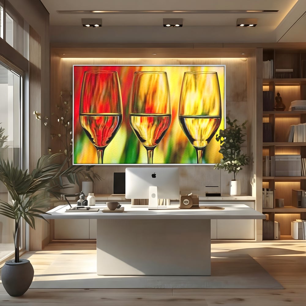 Tablou Canvas Premium, LuxCanva® N1086, Petrecere in Trei, Pahare, Vin, Party, Culori Vibrante, Pictura, Arta Abstracta, Simetrie, Energie, Bautura, Pub, Bar, Lounge, Restaurant, Bucatarie