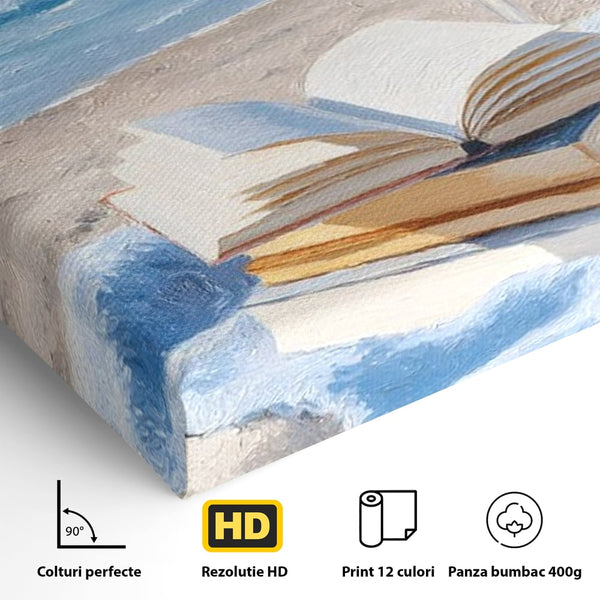 Tablou Canvas Premium, LuxCanva® N1087, Lectura pe Valuri, Carti, Pagini, Nisip, Mare, Ocean, Plaja, Vin Alb, Relaxare, Vacanta, Bautura, Pub, Bar, Lounge, Restaurant, Bucatarie