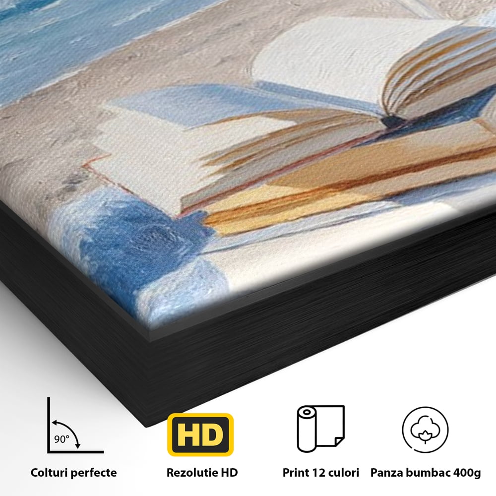 Tablou Canvas Premium, LuxCanva® N1087, Lectura pe Valuri, Carti, Pagini, Nisip, Mare, Ocean, Plaja, Vin Alb, Relaxare, Vacanta, Bautura, Pub, Bar, Lounge, Restaurant, Bucatarie