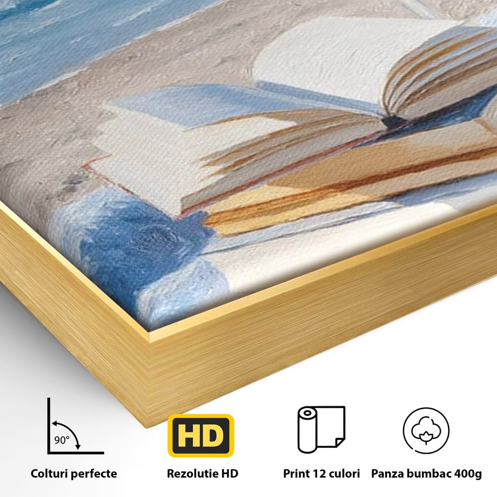 Tablou Canvas Premium, LuxCanva® N1087, Lectura pe Valuri, Carti, Pagini, Nisip, Mare, Ocean, Plaja, Vin Alb, Relaxare, Vacanta, Bautura, Pub, Bar, Lounge, Restaurant, Bucatarie