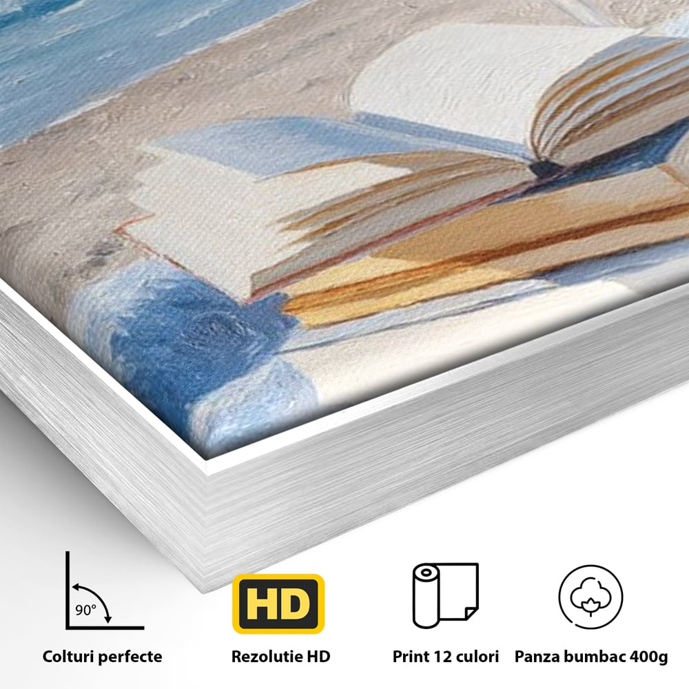 Tablou Canvas Premium, LuxCanva® N1087, Lectura pe Valuri, Carti, Pagini, Nisip, Mare, Ocean, Plaja, Vin Alb, Relaxare, Vacanta, Bautura, Pub, Bar, Lounge, Restaurant, Bucatarie