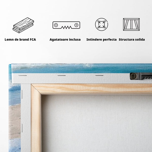 Tablou Canvas Premium, LuxCanva® N1087, Lectura pe Valuri, Carti, Pagini, Nisip, Mare, Ocean, Plaja, Vin Alb, Relaxare, Vacanta, Bautura, Pub, Bar, Lounge, Restaurant, Bucatarie