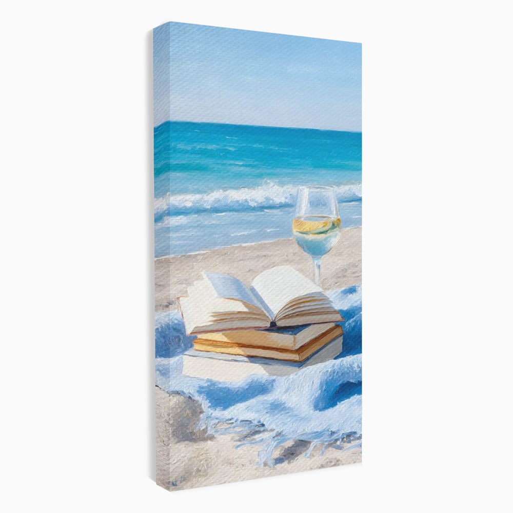 Tablou Canvas Premium, LuxCanva® N1087, Lectura pe Valuri, Carti, Pagini, Nisip, Mare, Ocean, Plaja, Vin Alb, Relaxare, Vacanta, Bautura, Pub, Bar, Lounge, Restaurant, Bucatarie