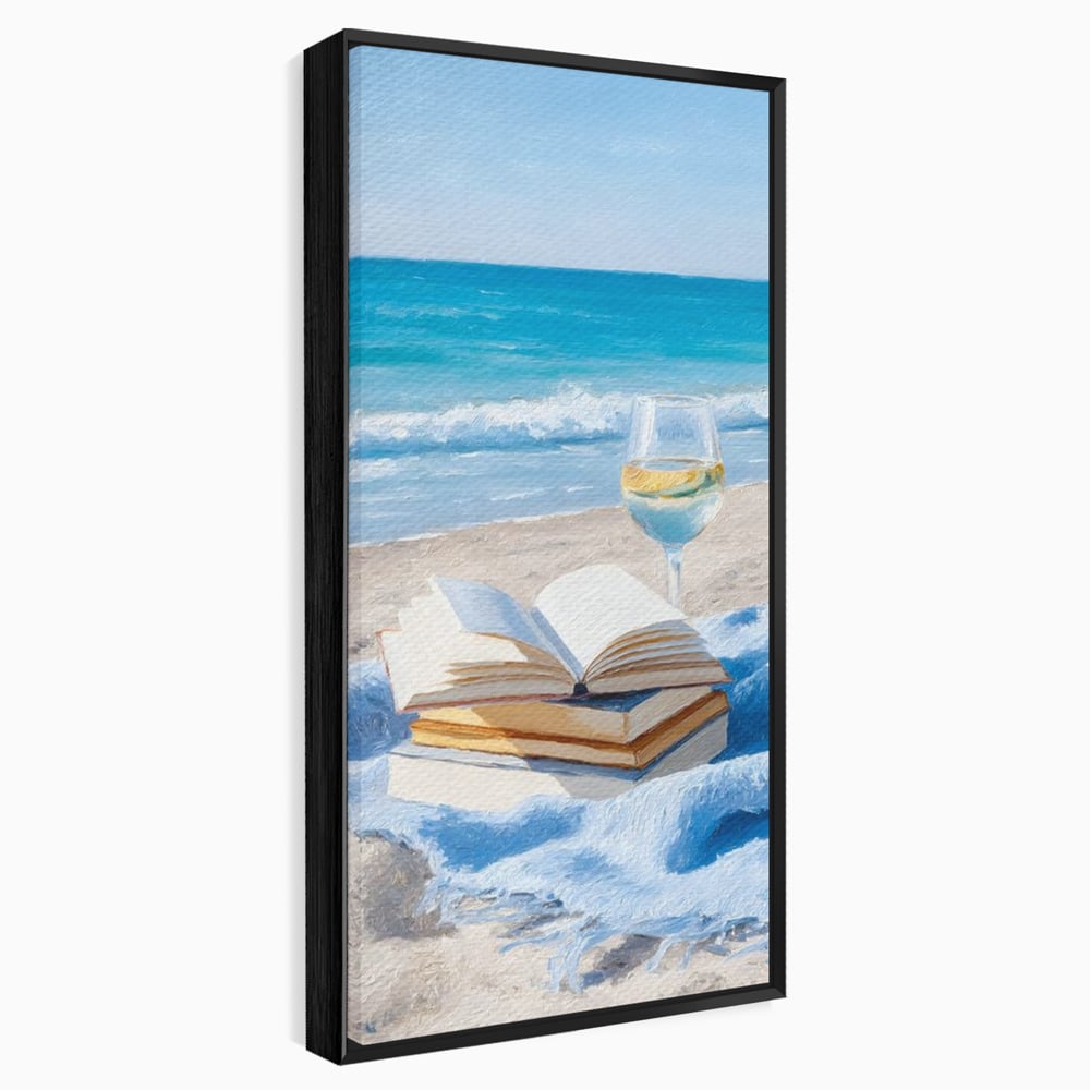 Tablou Canvas Premium, LuxCanva® N1087, Lectura pe Valuri, Carti, Pagini, Nisip, Mare, Ocean, Plaja, Vin Alb, Relaxare, Vacanta, Bautura, Pub, Bar, Lounge, Restaurant, Bucatarie