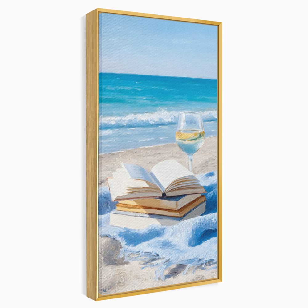 Tablou Canvas Premium, LuxCanva® N1087, Lectura pe Valuri, Carti, Pagini, Nisip, Mare, Ocean, Plaja, Vin Alb, Relaxare, Vacanta, Bautura, Pub, Bar, Lounge, Restaurant, Bucatarie