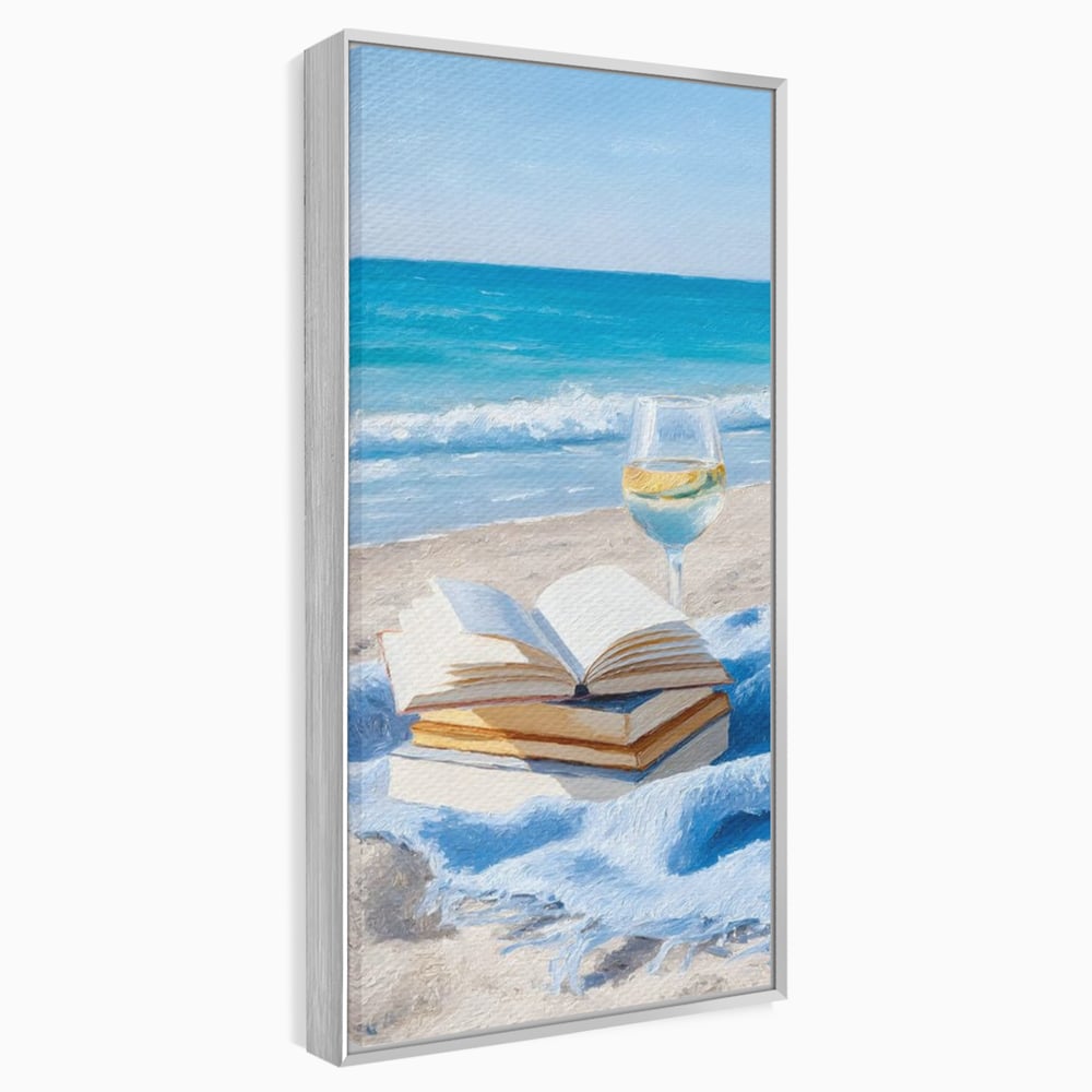 Tablou Canvas Premium, LuxCanva® N1087, Lectura pe Valuri, Carti, Pagini, Nisip, Mare, Ocean, Plaja, Vin Alb, Relaxare, Vacanta, Bautura, Pub, Bar, Lounge, Restaurant, Bucatarie