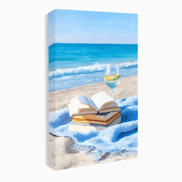 Tablou Canvas Premium, LuxCanva® N1087, Lectura pe Valuri, Carti, Pagini, Nisip, Mare, Ocean, Plaja, Vin Alb, Relaxare, Vacanta, Bautura, Pub, Bar, Lounge, Restaurant, Bucatarie