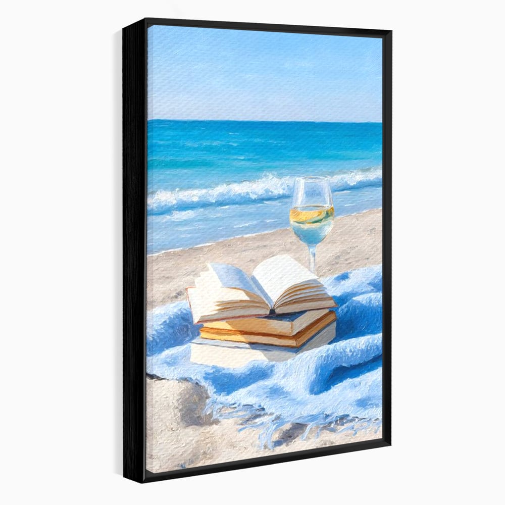 Tablou Canvas Premium, LuxCanva® N1087, Lectura pe Valuri, Carti, Pagini, Nisip, Mare, Ocean, Plaja, Vin Alb, Relaxare, Vacanta, Bautura, Pub, Bar, Lounge, Restaurant, Bucatarie