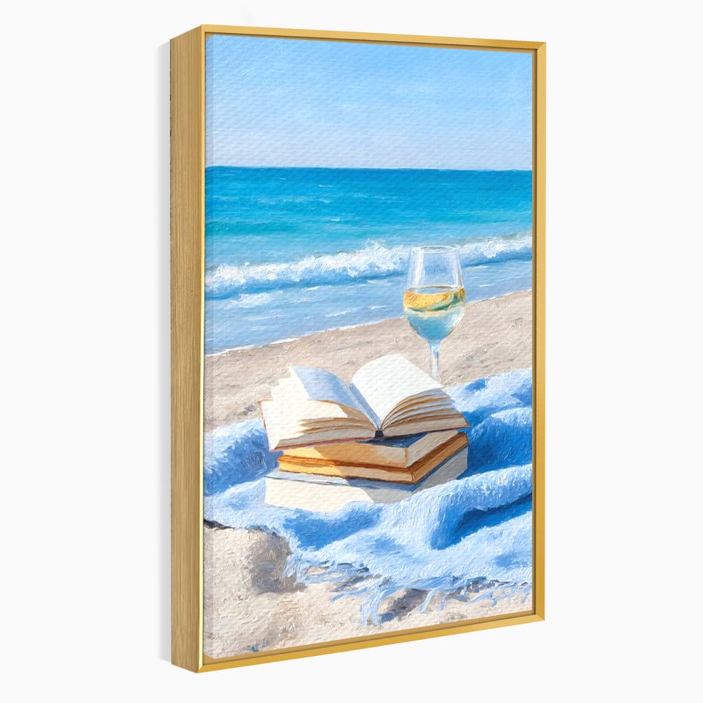 Tablou Canvas Premium, LuxCanva® N1087, Lectura pe Valuri, Carti, Pagini, Nisip, Mare, Ocean, Plaja, Vin Alb, Relaxare, Vacanta, Bautura, Pub, Bar, Lounge, Restaurant, Bucatarie
